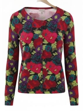 Talbots Black Floral Cardigan with Red, Purple and Lime Accents
